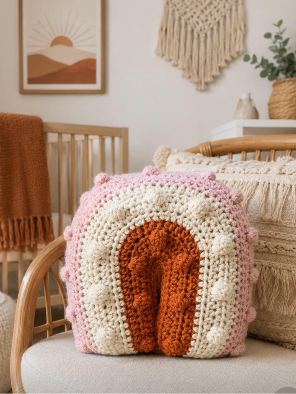Handmade Crochet Rainbow Pillow – Boho Nursery Accent Cushion 8x8”